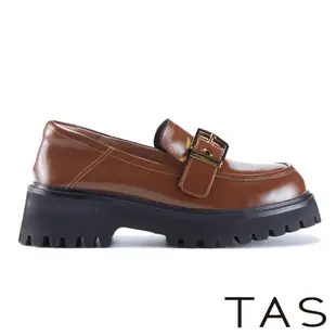TAS 復古皮帶金屬釦真皮鋸齒厚底樂福鞋 棕咖