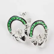 Irish Sterling Silver Claddagh Stud Earrings Emerald CZ Green Stones New Boxed