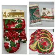 Christmas Placemats Table Cover Napkins Oven Mitts Potholders Poinsettia Horn