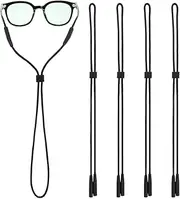 [WANGBINGFF] Eyeglasses String Holder Strap Cord, 4 Pack, Polyester, Classic Style, Black, Solid Pattern, Button and Buckle Fastener