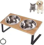 Elevated Cat Bowls, 15°Tilted Raised Food Feeding Dishes, Solid Wood Dog Bowl Stand for Medium and Small Cats & Puppy, 2 Stainless Steel Bowl and 1 Collapsible Dog Bowls for Travel, Dishwasher Safe