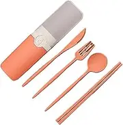 Travel Utensils 5Pcs Wheat Straw Portable Tableware Knfe Fork Spoon Chopsticks Dinnerware Set with Storage Box Student(Orange)