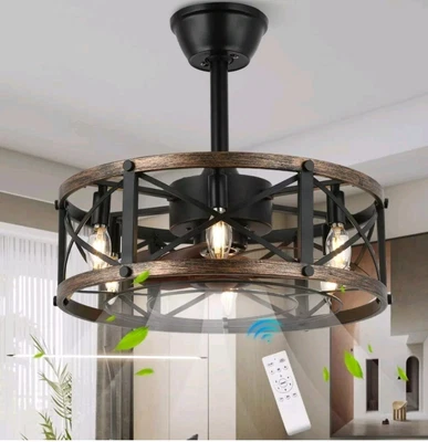 19" Farmhouse Fandelier Ceiling Fan With Light, Caged Bladeless Ceiling Fan