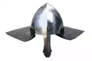 MEDIEVAL HISTORICAL WARRIOR HELMET IN NATURAL STEEL FINISH AND CHAINMAIL CURTAIN