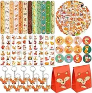YYMYMGJ Fox Party Favors 110 PCS Fox Theme Slap Bracelets Sticker Key Chains Badge Temporary Tattoos Gift Bags for Kids Woodland Creatures Fox Birthday Party Baby Shower Jungle Safari Party Supplies