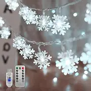 TheaPro Christmas Lights 10M/33ft 80 LEDs Snowflake String Lights USB Powered with Remote 2 Modes White Fairy Lights Indoor Outdoor Hanging Snowflakes Decor for Bedroom Home Party Xmas Tree
