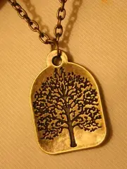Lovely Sloped Etch Detailed Shaded Tree of Life Brasstone Pendant Necklace