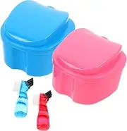 HIAKDOFT 2 Sets Dentures Bath Case With Cleaner Brush Retainer Holder Box Storage Case For Dentures Clear Braces Retainers Traveling
