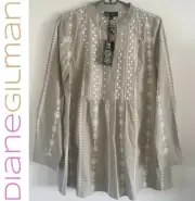 NWT DG2 Diane Gilman Embroidered Peasant Tunic Top Khaki Tan Size Small