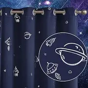 Vangao Navy Blue Blackout Curtains Space Theme Curtains for Boys Kids Nursery Girls Room Silver Foil Print Grommet Top Window Drapes 63 Inch Length 2 Panels for Bedroom Living Room