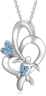 Double Heart Family Vintage Turtle Necklace for Women 925 Sterling Silver Sea Tu