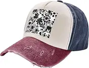 [YANYU] Black and White Flowers Print Fashion Washed Distressed Baseball Cap Vintage Adjustable Hat with Classic Brim, Navy and Red, One Size