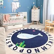 LTKOUGFAM Round Kids Rug for Playroom,4ft ABC Alphabet Whale Kids Rug,Non-Slip Kids Rug Play Mat,Washable Educational Classroom Rug Kids Area Carpet for Kids Room Bedroom Nursery Playroom Decor