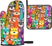 Colorful Oil Cute Schnauzer Dogs Oven Mitts and Pot Holders Sets,Heat Resistant Non Slip Kitchen Gloves Hot Pads with Inner Cotton Layer for Cooking BBQ Baking Grilling