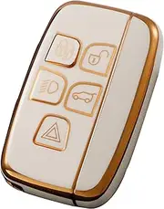 5 Buttons TPU Car Key Fob Cover Suitable for La-nd Ro-ver Defender Discovery Evoque LR4 Ra-nge R0ver Sport Jaguar XE XJ XF Gold Edged Remote Key Protective Case（White）