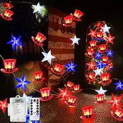 1 Pc 5M-50 LED Patriotic String Lights Pentagram US Flag Hat Light String July 4th US Independence Day Indoor and Outdoor Party Atmosphere String AAA Waterproo