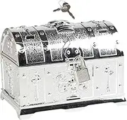 Pirate Treasure Chest with Lock and Key Prize Gift Collection Storage Box Adventurous Treasure Box Prop for Necklaces Mail, Silver, 14cmx10cmx10.5cm