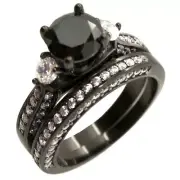 Women Three Stone Black Sterling Silver Wedding Engagement Ring Set Size 5-10