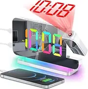 Projection Alarm Clock,7.4" LED Mirror Digital Clocks Large Display,with 180° Rotatable Projector,RGB Night Light,USB C Port,Auto Dimmer (White)