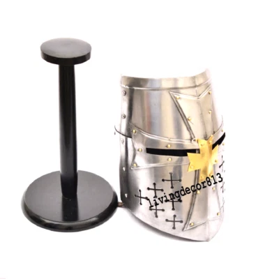 Medieval Templar Knight Crusader Black Stand Armor Close Helmet Rustic Home Dec