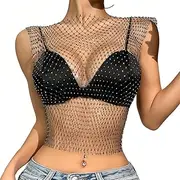 [CATOR] Tank Top Women's Mesh Crop Top Transparent Shiny Mesh Shirt Fishnet Rhinestones Cover Up Crystal Sheer Mesh Top Hollow Out Sparkle Club Wear Sexy Sequins Mesh Top M Black