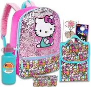 Backpack with Lunch Box Set - Bundle with Deluxe Hello Kitty Backpack, Hello Kitty Lunch Bag, Water Bottle, Stickers, More | Hello Kitty Sequin Backpack for Girls, Multicolor, Hello Kitty