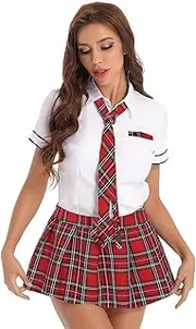 [GRRKDFQ] Women's Erotic Bustiers & Corsets Short Sleeve Shirt and Plaid Skirt Anime Roleplay Lingerie Set