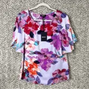 DKNY Top Women’s Small Floral Print Flowy Chiffon Short Sleeve NWT