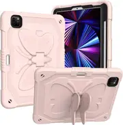 For Apple iPad Pro 11 2022 /2021 /2020 / 2018 iPad Air 4 2020 / iPad Air 5 2022 Butterfly Fancy Shockproof Heavy Duty Kickstand Case Cover With Pencil Holder (Pink)