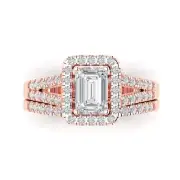 1.4ct Emerald Cut Halo Engagement Wedding Ring Band bridal Set 14k Rose Gold