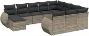 vidaxl Garden Modular Sofa Set - 11 Piece Grey Poly Rattan Patio Lounge Set with Cushions and Acacia Table