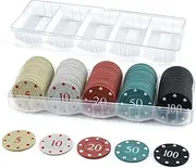 ComeWay Poker Chips with Denominations, 100 Pieces Professional Casino Chips with Storage Box, Plastic Poker Chip Set, Mini Dice Striped Poker Set for Blackjack Texas Hold Games Travel Homes Parties