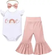 [FYMNSI] Baby Girls Boho Rainbow/Strawberry/Peach First Birthday Cake Smash Outfit Fly Sleeve Romper Bell Bottom Trousers Bowknot Headband 3pcs Set