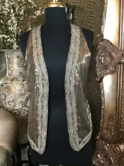 Chico's Womens Taupe Metallic Sequin Beaded Embellished Sleeveless Vest Size S/M