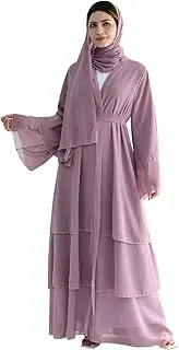 [khalat] Women Muslim Abaya Dress 3-Layer Chiffon Light Flowing Cardigan Dress with Hijab Dubai Travel Party Maxi Abaya