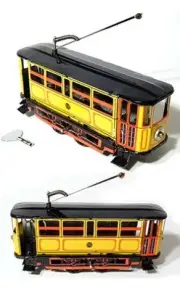 Yellow, Red, Black Electric Trolley Tin Litho Wind up Clockwork Mechanism