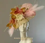 Aimee Fuller Kentucky Derby Hat Big Ascot Fascinator Gold Pink White Del Mar Hat