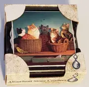Set of 4 AbsorbaStone Cat Coasters Basket Case with Holder The Absorbent Coaster