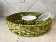 Prepology Poly-Wicker Round Party Tray With Porcelain Container Chip N Dip Green