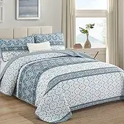Anibedding Blue Quilt Set King Size, Blue Bohemian 3 Pieces Quilt Sets, Lightweight Striped Patchwork Bedspread Coverlet Boho Bedding Set for All Season (104"x90")