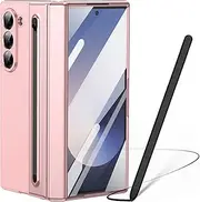 Case for Galaxy Z Fold 6, Samsung Fold6 Case with Built-in Hinge Protection, Samsung Galaxy Z Fold6 Leather Case with Screen Protector + S Pen Stylus Replacement + Pen Holder Pink