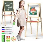 JOYOOSS Kids Easel, Toddler Art Easel, Dual-Sided Adjustable Wooden Magnetic Board, Red, Contemporary Style, Art Easel