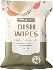 Clean Camp Dish Wipes | 100% Biodegradable Pre-Moistened Food-Safe Camp Kitchen Wipes | 32 ct, Pack of 1 | A Soap-and-Water Alternative