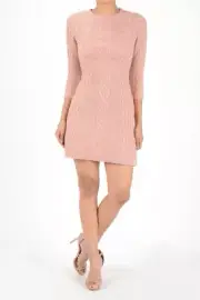 Yemak Women's Cable Knit Round Neck 3/4 Sleeves Mini Sweater Dress MK6018