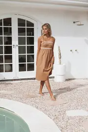 [PUP56] Lino Contrast Trim Midi Dress - Tan White XS tan