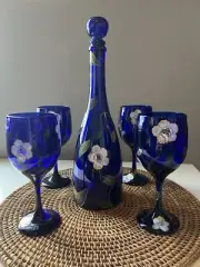Wine Serving Set Stemware Glasses 4 & Decanter. Floral. Hand-Painted
