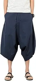 [Kelukes] Men's Hip Hop Joggers Harem Low Crotch Sweatpants Casual Yoga Capri Baggy Elastic Waist Gym Boho 3/4 Pants, Navy, Large