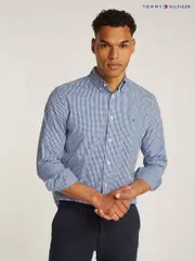 Tommy Hilfiger Blue Regular Fit Flex 100% Cotton Poplin Gingham Shirt (AM4971) | $173