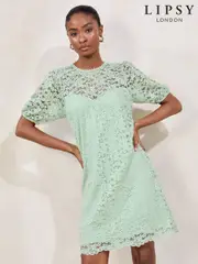 Lipsy Green Lace Short Sleeve Mini Shift Dress (F91602) | $136