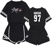 [Kelukes] Fashion Women's Short + Hot Pants Set Jisung Hyunjin Minho New Album Merch Support Crop Top Two Piece Set, Style-9, XX-Large